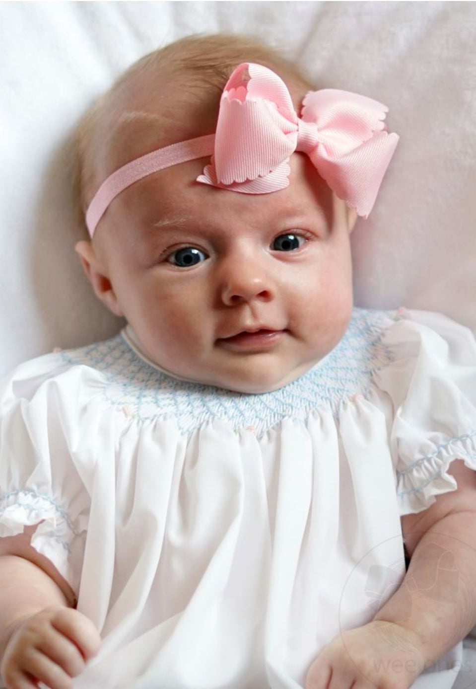 Extra Small Scalloped Edge Grosgrain Hair Bow on Matching Elastic Band