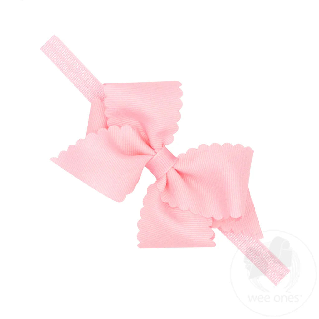 Extra Small Scalloped Edge Grosgrain Hair Bow on Matching Elastic Band