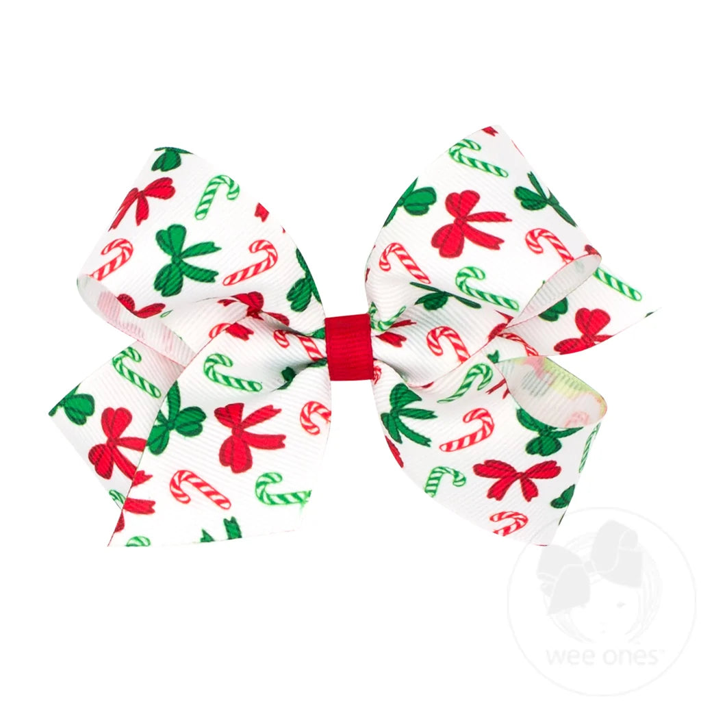 Medium Christmas Candy Cane Print Grosgrain Hair Bow