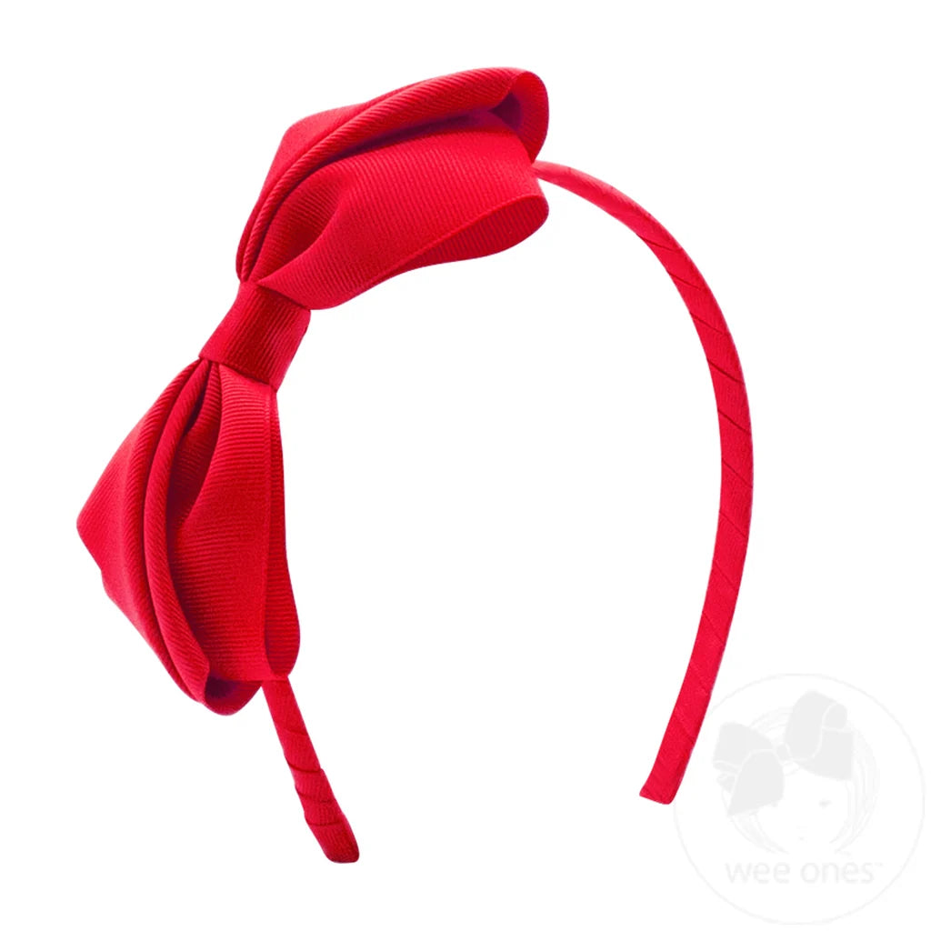 Red Mini King Pleated Grosgrain Hair Bow Headband