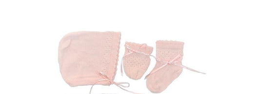 Pink Newborn Mittens, Socks & Bonnet Set