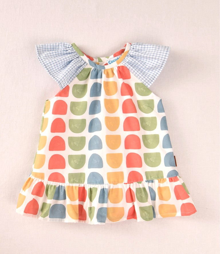 Vestido Brochas con Manga Gingham Coral