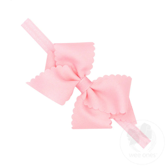 Extra Small Scalloped Edge Grosgrain Hair Bow on Matching Elastic Band